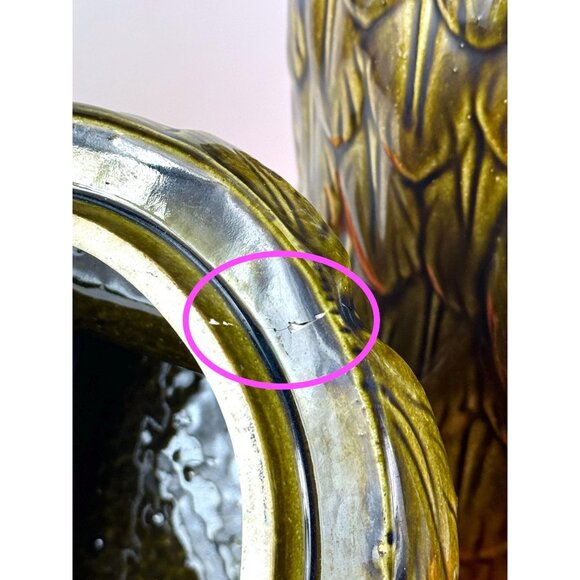 Vintage 1960s cookie jar, avocado green wise Owl, ceramic countertop storage - Picture 8 of 10